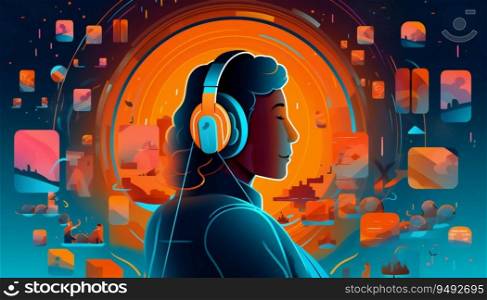 An illustration showcasing a person wearing headphones and immersed in a world of podcast episodes