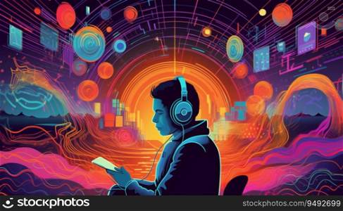 An illustration showcasing a person wearing headphones and immersed in a world of podcast episodes