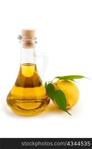 An image of a bottle of olive oil and lemon