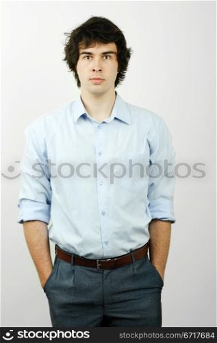 An image of a handsome man in a blue shirt