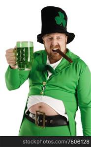 An image of a Leprechaun drinking green beer on St. Patricks Day.