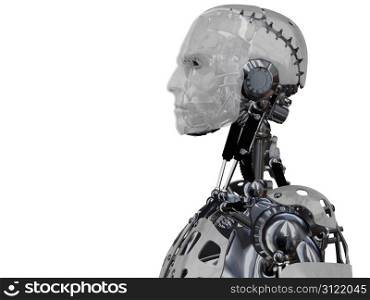 An image of a male cyborgs head in profile. Isolated on white background.. Male cyborg head in profile.