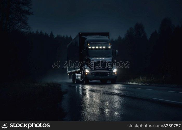 An image of a truck driving at night  The image show a transport truck driving on a dark road at night. In the dark and moody background. Generative AI
