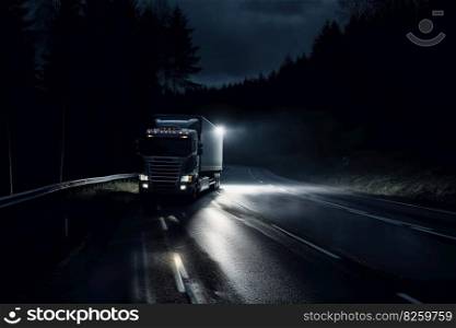 An image of a truck driving at night  The image show a transport truck driving on a dark road at night. In the dark and moody background. Generative AI