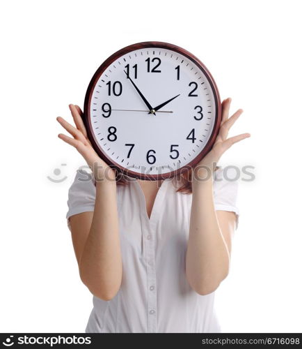 An image of a woman with big clock