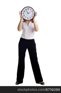 An image of a woman with big clock