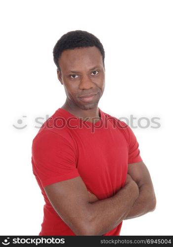 An image of a young African American man in a red shirt, looking intothe camera with a expressionless look, isolated for white background