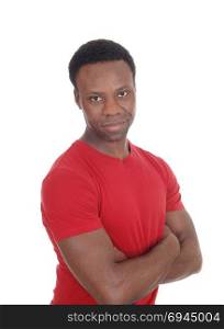 An image of a young African American man in a red shirt, looking intothe camera with a expressionless look, isolated for white background