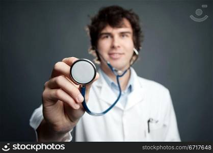 An image of a young physician with a stethoscope