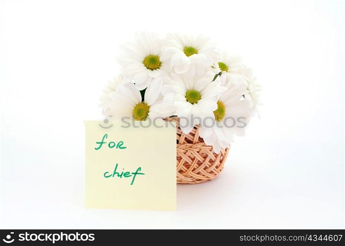 An image of basket with white daisies with inscription (for chief)