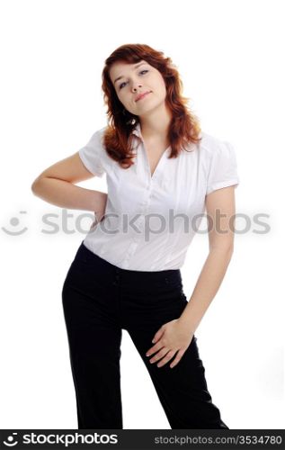 An image of cheerful young woman in white blouse