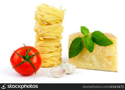 An image of cheese, tomato, pasta, garlic and basil
