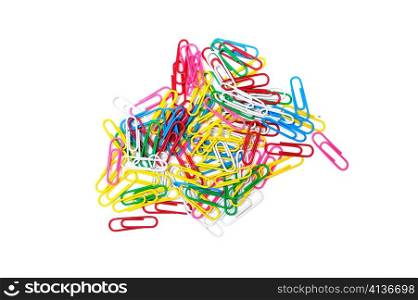 An image of colored paper clips on white