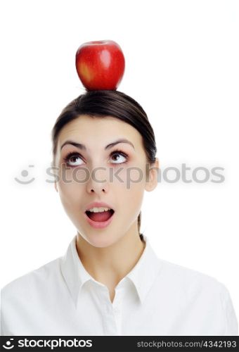 An image of girl with apple on her head.