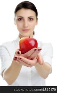 An image of nice woman holding red apple