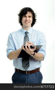 An image of smiled man with notepad