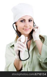 An image of smiling woman with stethoscope