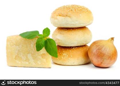 An image of three buns, cheese and onion