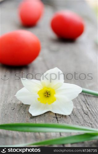 An image of three red eggs and a flower