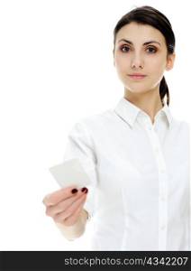 An image of young businesswoman holding blank businesscard in hand