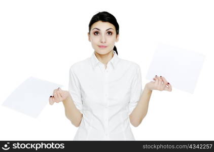 An image of young businesswoman holding sheets of papper