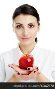 An image of young nice woman holding red apple