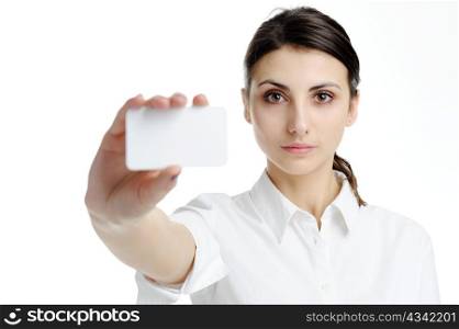 An image of young woman holding blank businesscard in hand