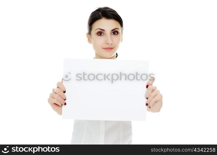An image of young woman holding white paper