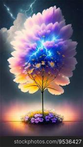 An image that combines the energy of lightning with the delicate beauty of blooming flowers.