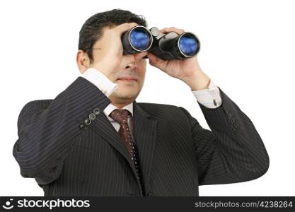 An Indian businessman in his late thirties looking through binoculars.