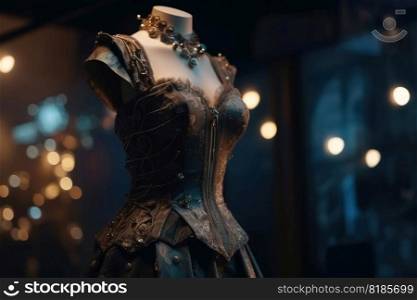 An innovative and elegant dress in a ste&unk look on a Mannequin with soft bokeh lights created with generative AI technology