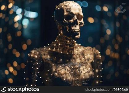 An innovative and elegant dress made of bones and skulls on a Mannequin with soft bokeh lights created with generative AI technology