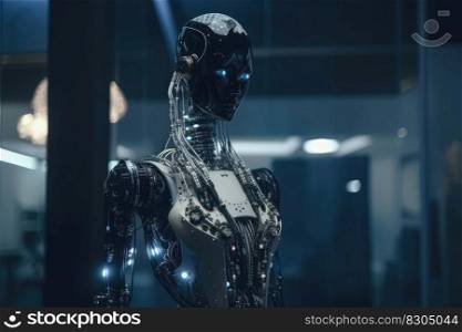 An innovative and elegant modern dress made of electronics on a AI robot with soft bokeh lights created with generative AI technology