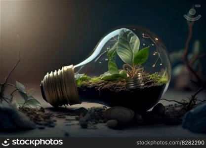 An innovative light bulb glowing in soil signifies the creative idea of sustainable energy and environment concept. Ai Generative