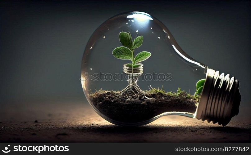 An innovative light bulb growing fresh plants in soil represents the creative idea of sustainable organic energy for health, wellness, and environment concept. Ai Generative