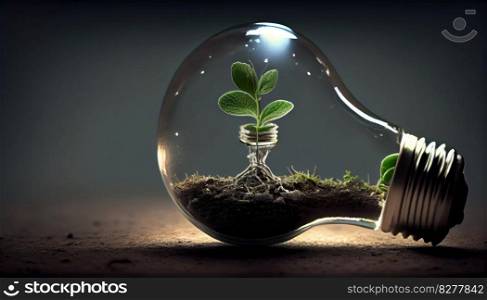 An innovative light bulb growing fresh plants in soil represents the creative idea of sustainable organic energy for health, wellness, and environment concept. Ai Generative