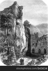 An inside view of the old castle, near Baden, vintage engraved illustration. Magasin Pittoresque 1858.