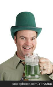 An Irish American man excited about his green beer on St. Patrick&rsquo;s Day. Isolated on white.