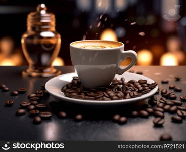 An isolated coffee with scattered coffee beans