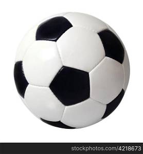 An isolated image of a leather soccer ball.