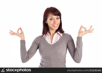 An isolated on white shoot of a beautiful young woman showing an OK sign with both hands.