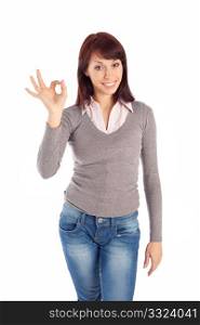 An isolated on white shot of a beautiful woman showing an OK sign.