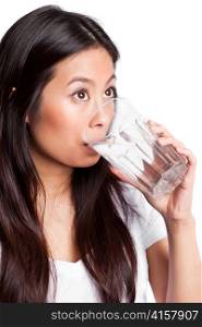 An isolated shot of a beautiful asian woman drinking water