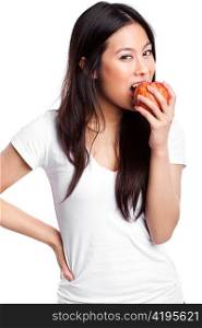An isolated shot of a beautiful asian woman eating an apple