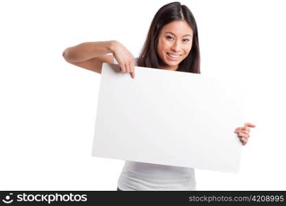 An isolated shot of a beautiful asian woman holding a blank poster