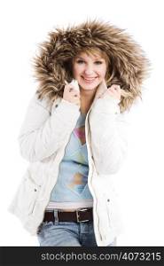An isolated shot of a beautiful caucasian girl wearing winter jacket
