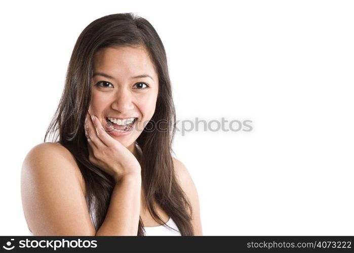 An isolated shot of a beautiful happy asian woman