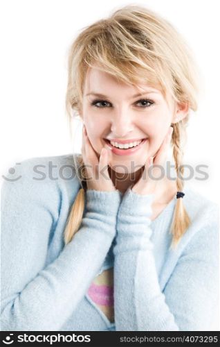 An isolated shot of a beautiful smiling caucasian girl