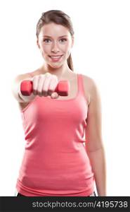 An isolated shot of a beautiful sporty caucasian woman lifting dumbbells