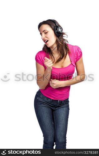 An isolated shot of a beautiful woman listening to music
